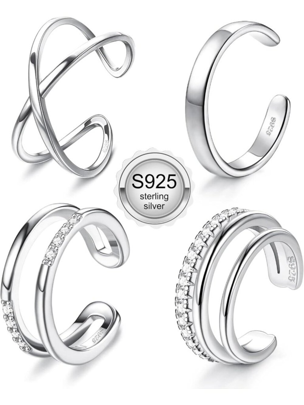 4 Pcs Adjustable Non-Piercing 925 Sterling Silver Ear Cuffs for Women - Clip-On